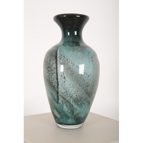 73 - TWO MID-CENTURY MODERN LARGE ART GLASS VASES

the first a turquoise amphora of semi-opaque bubbled g... 