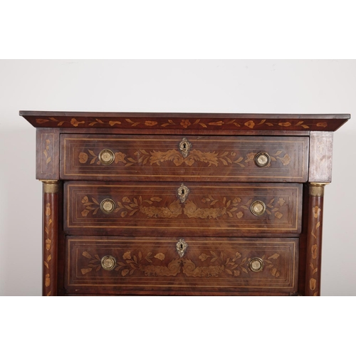 87 - A DUTCH WALNUT AND MARQUETRY TALL CHEST OF DRAWERS

early 19th century, the moulded cornice over a s... 