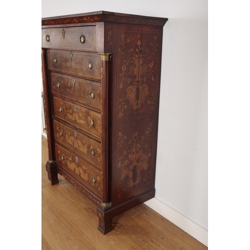 87 - A DUTCH WALNUT AND MARQUETRY TALL CHEST OF DRAWERS

early 19th century, the moulded cornice over a s... 