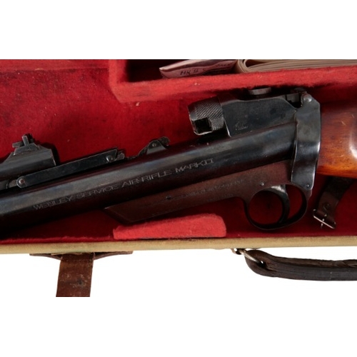 131 - THE WEBLEY SERVICE MARK II AIR RIFLE

with three sets of barrels for .177, .22 and .25, with a walnu... 