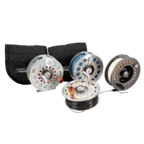 16 - TWO PFLUEGER SALMON REELS

one with a spare spool, in original pouches; and a Daiwa 10/11 salmon ree... 