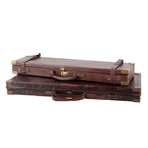 236 - HENRY ANTKIN: A LEATHER AND OAK DOUBLE GUN CASE

with red fitted interior, brass corners, barrel len... 