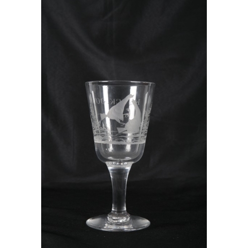 256 - A 19TH CENTURY COCK FIGHTING GLASS

with rounded funnel bowl, engraved 'The Knock Down', 20cm high