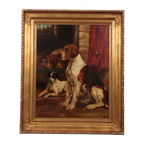 293 - J. ENTWISTLE AFTER WRIGHT BARKER (1864-1941) 'By the Kennels'

A study of hounds and a terrier in a ... 