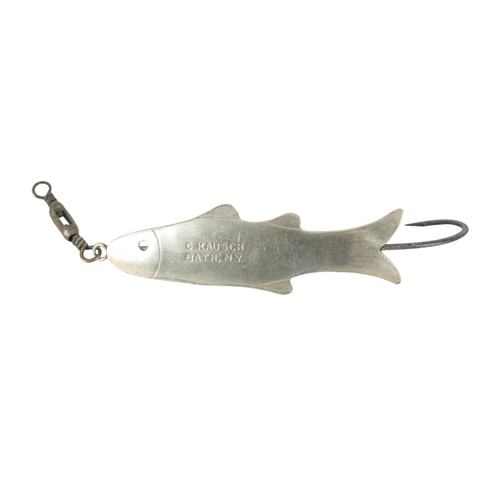 46 - C. KAUSCH, BATH N.Y: A SILVER SALMON FISHING LURE

painted no. 2.27.06; a Ramford fishing lure in th... 