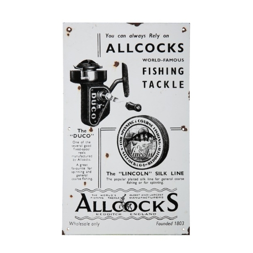 77 - ALLCOCK & CO. LTD OF REDDITCH: TWO REPRODUCTION METAL FISHING TACKLE WALL SIGNS

showing the centre ... 