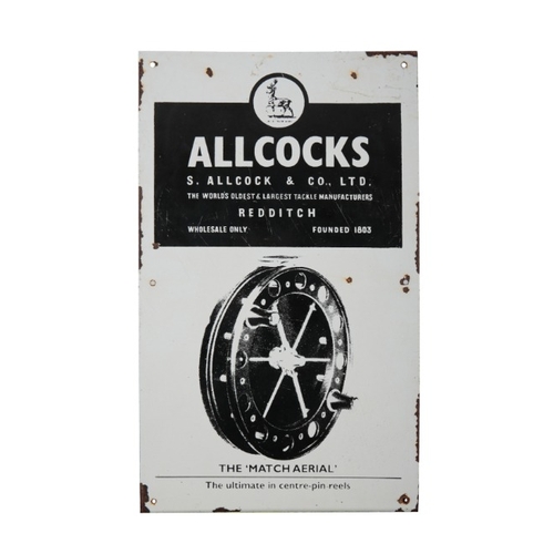 77 - ALLCOCK & CO. LTD OF REDDITCH: TWO REPRODUCTION METAL FISHING TACKLE WALL SIGNS

showing the centre ... 