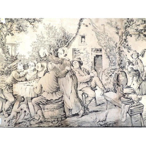 16 - A MACHINED TAPESTRY PANEL, A 19th century country tavern scene, 49cm x 140cm