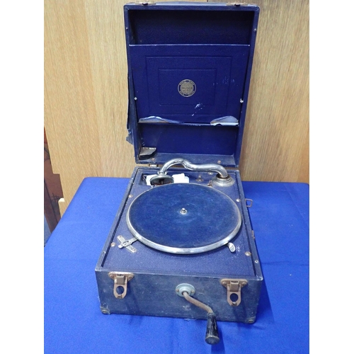 23 - A VINTAGE ANTORIA PORTABLE GRAMOPHONE (runs, but needs attention) together with a quantity of record... 