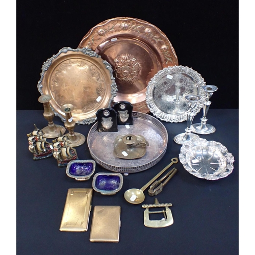 26 - AN ARTS & CRAFTS STYLE COPPER DISH a silver-plated tray, pair of plated salts, and other metal ware