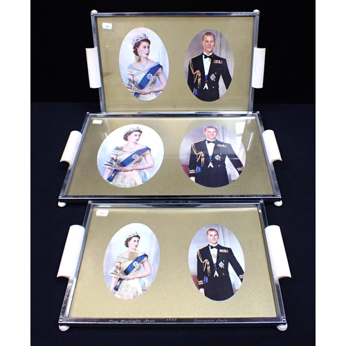 28 - SET OF 3 CHROMED METAL TRAYS 1953 CORONATION OF QUEEN ELIZABETH II presented at the Washington Road ... 