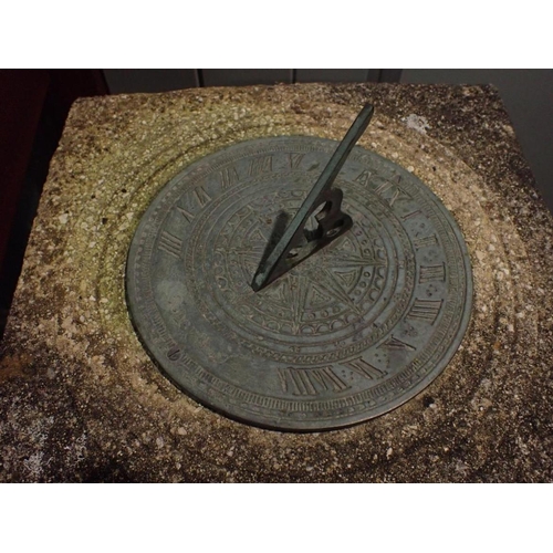3 - AN ANTIQUE STYLE BRASS SUNDIAL 'Sunny Hours' 20cm dia, on a reconstituted stone column 84cm high