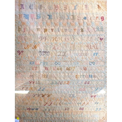 33 - A VICTORIAN SAMPLER, WORKED BY ADA HART, 1890 (faded)