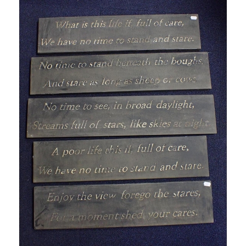 5 - FIVE INCISED STONE PLAQUES with couplets from 'Leisure' (What is this life if, full of care...) slig... 