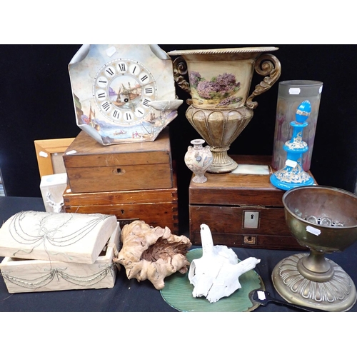 105 - A VICTORIAN ROSEWOOD DRESSING BOX (for restoration), a ceramic dial easel clock (a/f) and other mixe... 