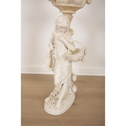 134 - A COPELAND SPODE WHITE-GLAZED PORCELAIN FIGURAL OIL LAMP BY OWEN HALE impressed marks to the revered... 