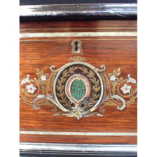 145 - A LARGE 19TH CENTURY CYLINDER MUSIC BOX CASE (EMPTY) with brass, pewter and stone inlaid top and fro... 