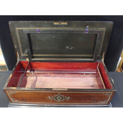 145 - A LARGE 19TH CENTURY CYLINDER MUSIC BOX CASE (EMPTY) with brass, pewter and stone inlaid top and fro... 