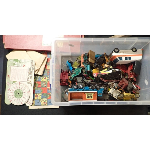 201 - A COLLECTION OF VINTAGE TOYS AND GAMES diecast vehicles, sporting equipment, etc