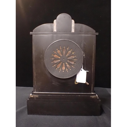 208 - A SLATE CASED MANTEL CLOCK, WITH MARTI & Cie MOVEMENT and black and gilt dial, striking on a bell (r... 