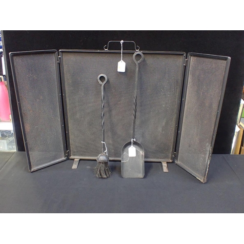 151 - A MESH FIRE GUARD, AND SIMILAR FIRE IRONS -3