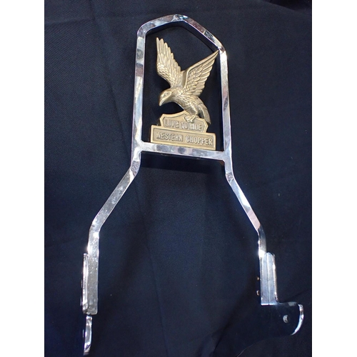 154 - MOTORCYCLING: A WESTERN CHOPPER 'CISSY BAR' OR BACK REST chromed, with brass eagle 'LIVE TO RIDE' ba... 