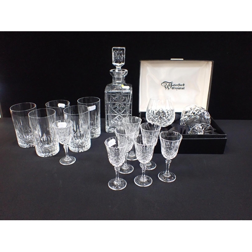 268 - A PAIR OF WATERFORD CRYSTAL LISMORE BRANDY BALLOONS boxed, a decanter and other table glass