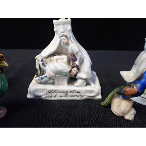 280 - A SMALL VICTORIAN CHICKEN FIGURE 8cm high, other bird figures, and a fairing; 'Returning at one o'cl... 