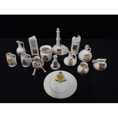 290 - W H GOSS CRESTED CHINA the Longships lighthouse13cm high, and thirteen other pieces of Goss ware, 2A... 