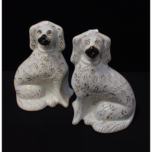 293 - A PAIR OF 19TH CENTURY 'STAFFORDSHIRE' POTTERY SPANIELS with gilt highlights, 26cm high (a/f)