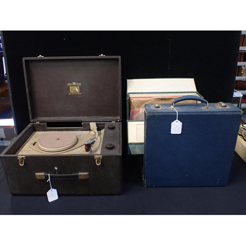 93 - AN HMV ELECTRIC PORTABLE GRAMOPHONE 1950s (untested), with two boxes of mixed records