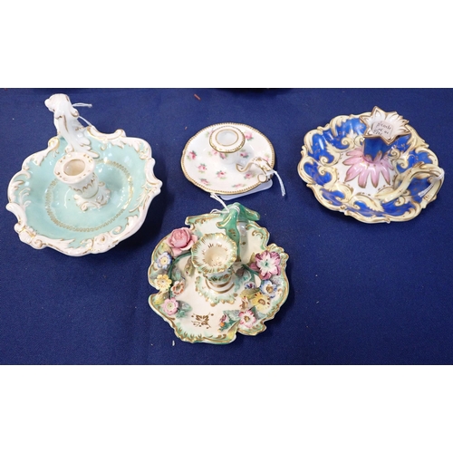 305 - A COLLECTION OF EIGHT EARLY 19TH CENTURY ENGLISH PORCELAIN CHAMBER STICKS mostly floral encrusted, v... 