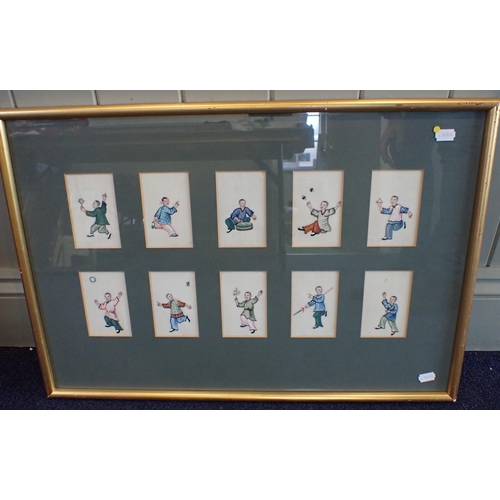 311 - A SET OF TEN CHINESE PITH PAINTINGS DEPICTING GAMES in one frame 44 x 65cm overall (some damage)