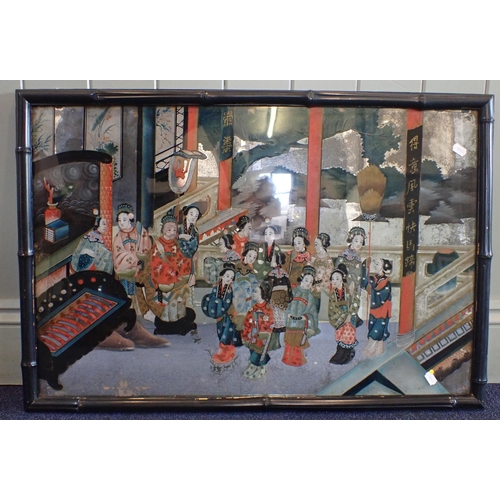 312 - A CHINESE EXPORT REVERSE-PAINTED MIRROR in 18th century style, but later, an interior scene with an ... 