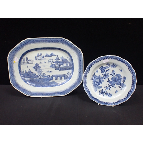 314 - A 19TH CENTURY CHINESE EXPORT MEAT PLATE with temple and bridge pattern in underglaze blue 36 x 29cm... 