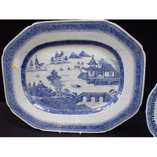 314 - A 19TH CENTURY CHINESE EXPORT MEAT PLATE with temple and bridge pattern in underglaze blue 36 x 29cm... 