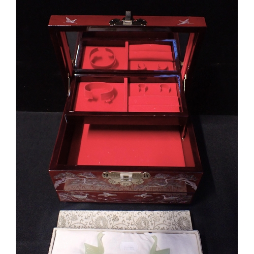 324a - A KOREAN 'NACRE LACQUER' JEWELLERY BOX inlaid with polished shell, and three boxed sets of hardstone... 