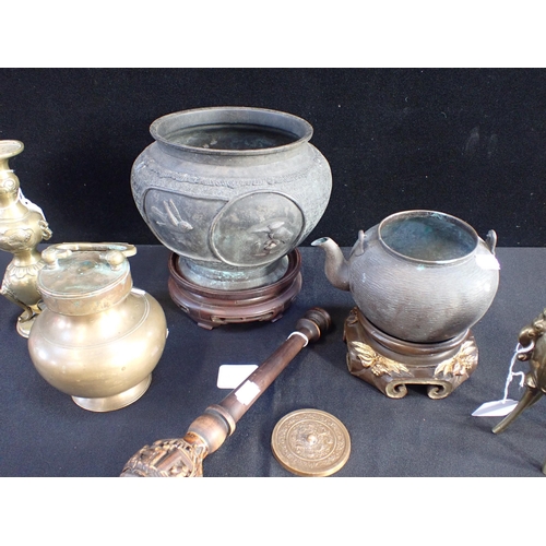 334 - A CHINESE BRASS CENSER, WITH FOUR LONG FEET other Asian metal ware, and other items