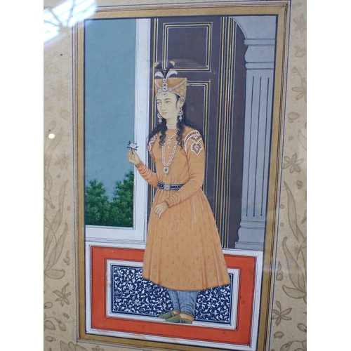 342 - AN INDO-PERSIAN PICTURE, GIRL HOLDING A FLOWER within a scrolling border 34 x 35cm (framed)