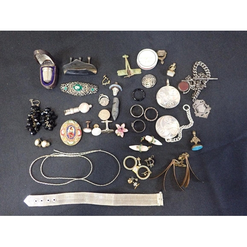 408 - A COLLECTION OF SILVER AND WHITE METAL ITEMS seals, watch chain, micromosaic brooch etc