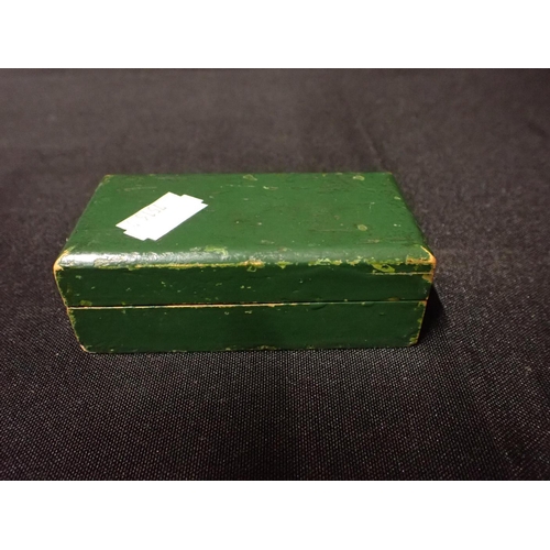 437 - GREEN PAINTED STAMP BOX the inside of lid pasted with three Edward VIII/George VI stamps