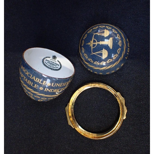 438 - TWO HALCYON DAYS ENAMEL EGGS 'Libra' and 'Be happy', a larger 'Bilston and Battersea' yellow egg (li... 