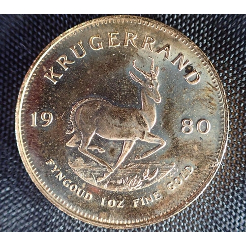 487 - A 1980 SOUTH AFRICAN GOLD KRUGGERAND reverse with springbok, c. 34 grams