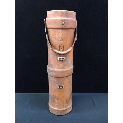 513 - A LEATHER COVERED NAVAL SHELL CARRIER marked with'N' and broad arrow, WWI type 82cm high (general we... 