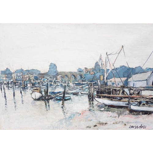 642 - DENIS LANSDELL: 'BOAT YARD AT BURFORD' (? indistinctly titled, verso) oil on canvas, and another sim... 