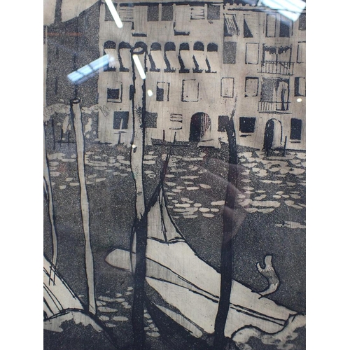 645 - VENICE Etching and aquatint, 50 x 56cm, with Philip Nunan, Silversted, 1970 watercolour of a modern ... 