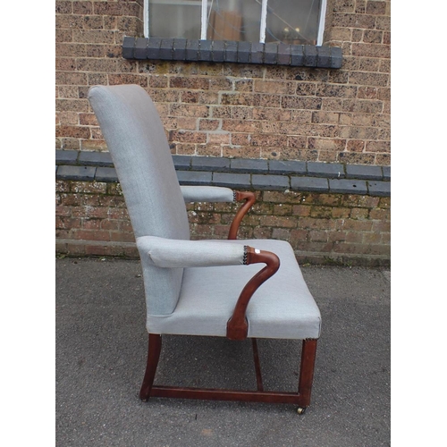 830 - GEORGE III ARMCHAIR AND STOOL mahogany frame with modern upholstery (arms need tightening)