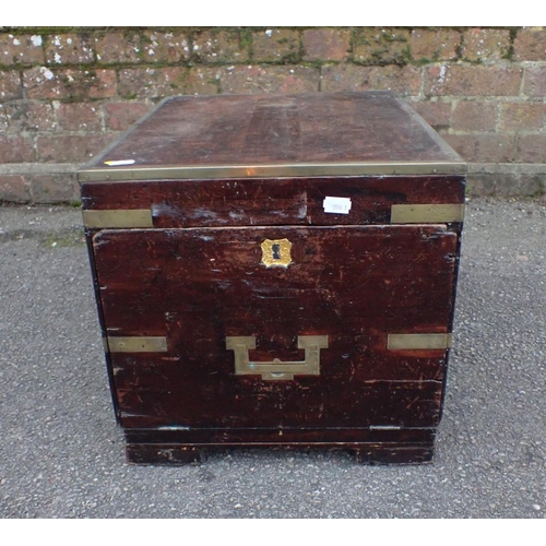 838 - A SMALL 19TH CENTURY CAMPAIGN CHEST altered to make a school trunk, with hinged front flap to short ... 