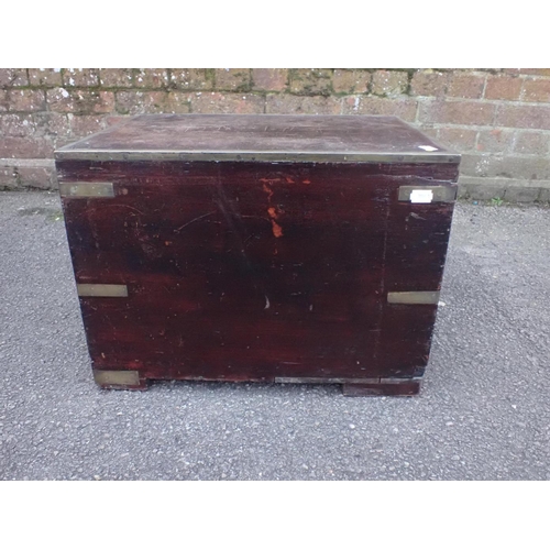 838 - A SMALL 19TH CENTURY CAMPAIGN CHEST altered to make a school trunk, with hinged front flap to short ... 