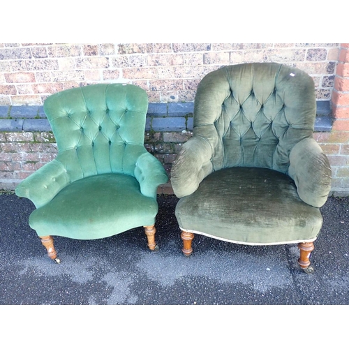 839 - TWO VICTORIAN ARMCHAIRS, WITH BUTTONED UPHOLSTERY turned legs and brass castors (one with iron frame... 